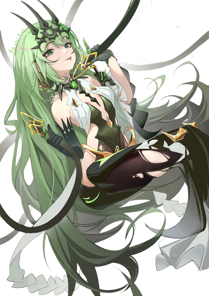 1girl absurdres asymmetrical_gloves bare_shoulders black_dress black_gloves black_legwear breasts bugegehaibugouse crown dated dress earrings elbow_gloves gloves green_eyes green_hair highres holding honkai_(series) honkai_impact_3rd jewelry long_hair mobius_(honkai_impact) simple_background single_elbow_glove sleeveless sleeveless_dress slit_pupils small_breasts solo tongue tongue_out torn_clothes torn_legwear uneven_gloves very_long_hair white_background