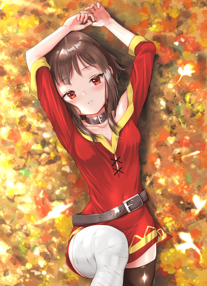 1girl arms_up autumn_leaves bandaged_leg bandages bangs bare_shoulders belt belt_buckle black_choker black_legwear blush breasts brown_belt brown_hair buckle choker collarbone commentary curled_fingers dress from_above goldowl highres kono_subarashii_sekai_ni_shukufuku_wo! leaf looking_at_viewer lying megumin off-shoulder_dress off_shoulder on_back parted_lips red_dress red_eyes short_dress short_hair short_hair_with_long_locks sidelocks single_thighhigh small_breasts solo thigh-highs