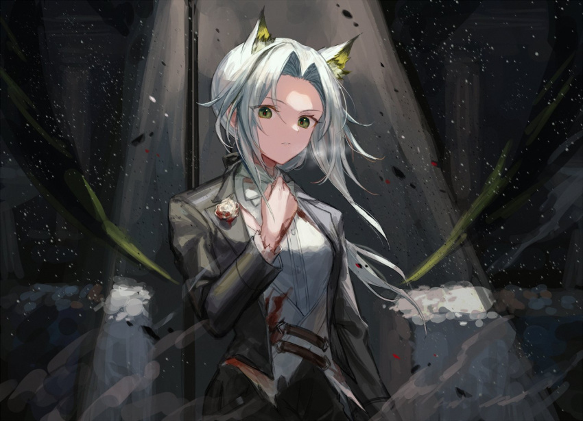 1girl animal_ear_fluff animal_ears arknights black_jacket blood blood_on_clothes blood_on_hands bow bowtie brooch cat_ears commentary dark_background extra_ears flower formal green_eyes green_hair hand_up jacket jewelry kal'tsit_(arknights) light_rays looking_at_viewer rose shirt short_hair sidelocks solo spacelongcat upper_body white_flower white_neckwear white_rose white_shirt