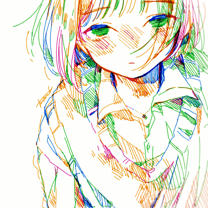 1girl bangs collared_shirt colorful expressionless green_eyes hatching_(texture) highres medium_hair original shadow shirt signature simple_background solo tmari traditional_media upper_body white_background
