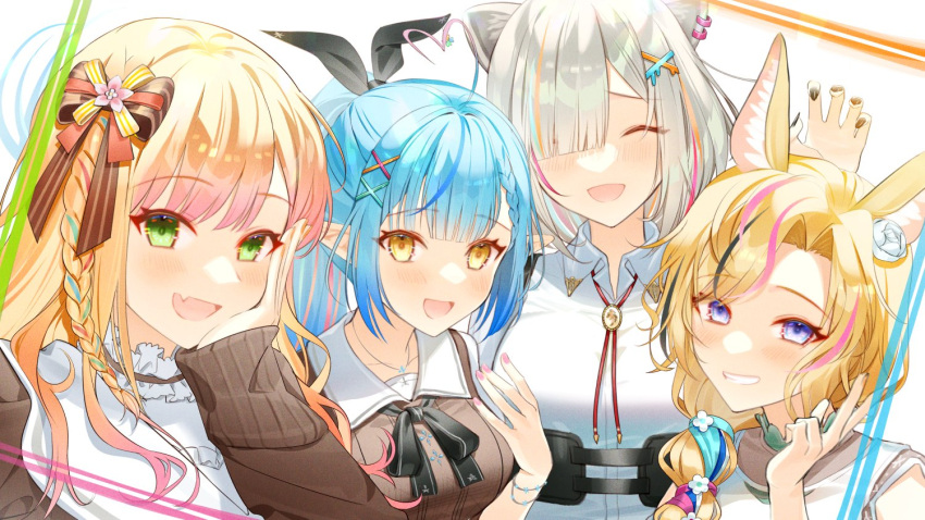 4girls :d ahoge animal_ears asymmetrical_hair bangs black_hair black_nails black_neckwear black_ribbon blonde_hair blue_hair blunt_bangs blush bow bracelet braid breasts brown_bow brown_cardigan brown_hair cardigan claw_pose closed_eyes collared_shirt commentary corset dega1028 dress_shirt ear_piercing eyebrows_visible_through_hair fang fingernails fox_ears french_braid furrowed_brow green_eyes grin hair_bow hair_ornament hair_over_one_eye hair_over_shoulder hair_ribbon half_updo hand_on_own_cheek hand_on_own_face heart_ahoge hololive jewelry light_blue_hair long_hair looking_at_viewer medium_breasts momosuzu_nene multicolored_hair multiple_girls nail_polish neck_ribbon necklace nepolabo official_alternate_costume official_alternate_hairstyle omaru_polka open_mouth parted_bangs pendant piercing pink_hair pink_nails pointy_ears ponytail portrait ribbon sailor_collar sharp_fingernails shirt shishiro_botan silver_hair simple_background single_braid skin_fang smile streaked_hair striped striped_bow teeth upper_body v violet_eyes virtual_youtuber white_background white_shirt wing_collar x_hair_ornament yellow_eyes yukihana_lamy