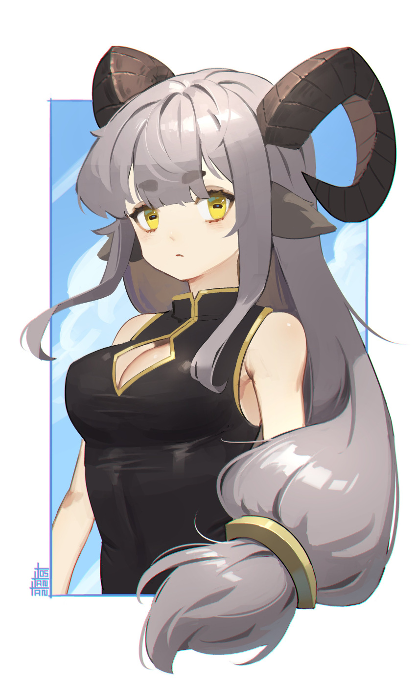 1girl absurdres animal_ears artist_name bangs black_dress black_horns bolt_(min_lona) borrowed_character breasts china_dress chinese_clothes cleavage_cutout clothing_cutout dress eyebrows_visible_through_hair goat_ears goat_horns grey_hair highres horizontal_pupils horns long_hair low-tied_long_hair medium_breasts original sleeveless sleeveless_dress solo tostantan upper_body yellow_eyes