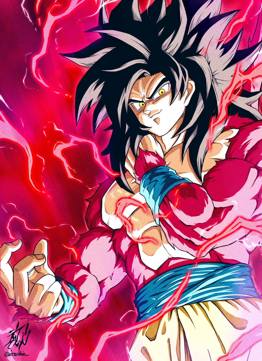 1boy absurdres aura black_hair blue_wristband body_fur dragon_ball dragon_ball_(classic) dragon_ball_gt electricity energy glowing glowing_eyes highres liedein looking_at_viewer male_focus monkey_boy monkey_tail musical_note no_nipples obi pants red_fur saiyan sash solo son_goku spiky_hair super_saiyan super_saiyan_4 tail wristband yellow_eyes yellow_pants