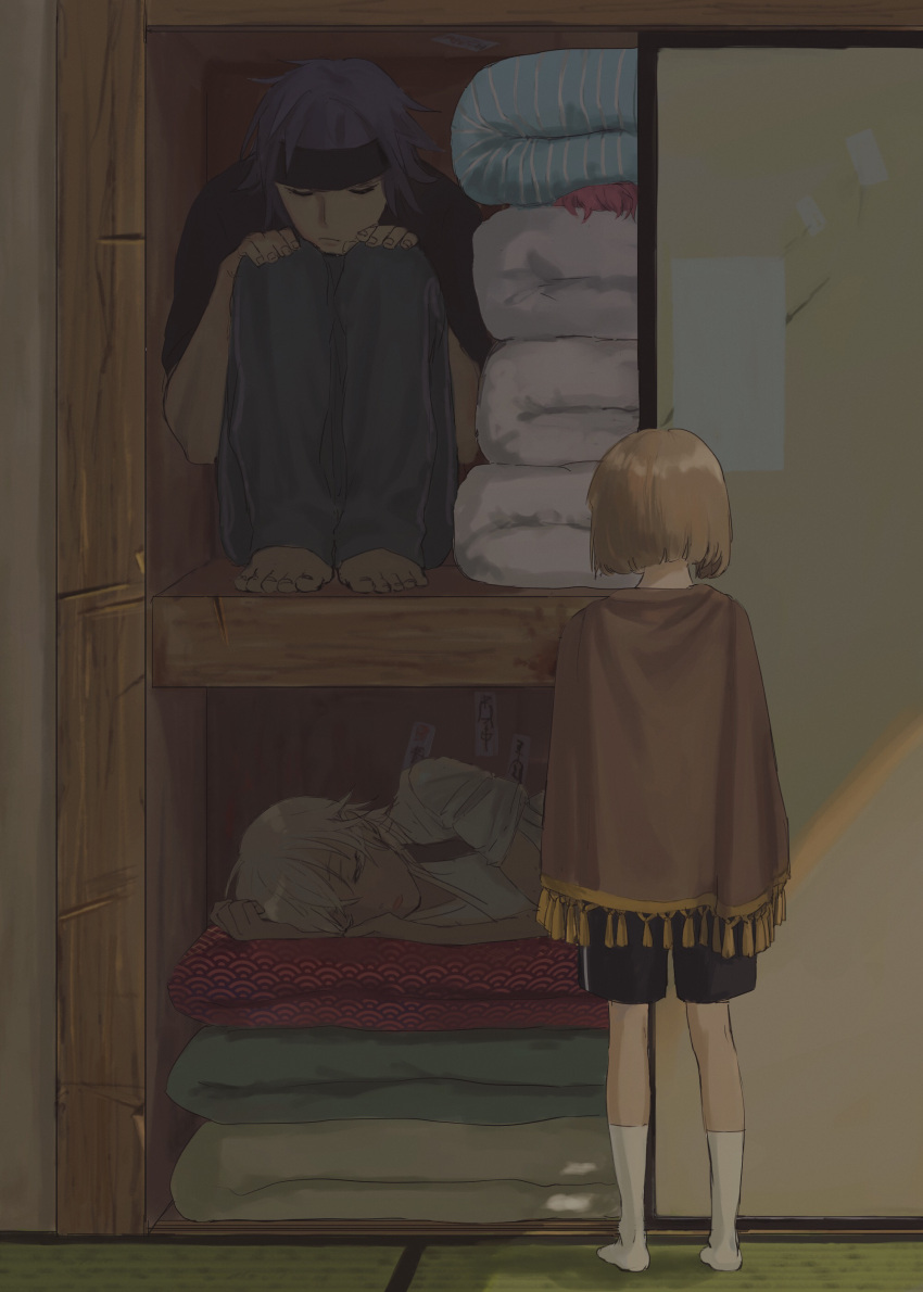 4boys absurdres akita_toushirou barefoot black_shirt black_shorts blonde_hair blue_pants brown_cape cape closed_mouth closet facing_away from_behind hataya headband highres lying maeda_toushirou medium_hair multiple_boys on_side oodenta_mitsuyo pants purple_hair shirt shorts sleeping sleeping_upright socks touken_ranbu tsurumaru_kuninaga white_legwear white_shirt