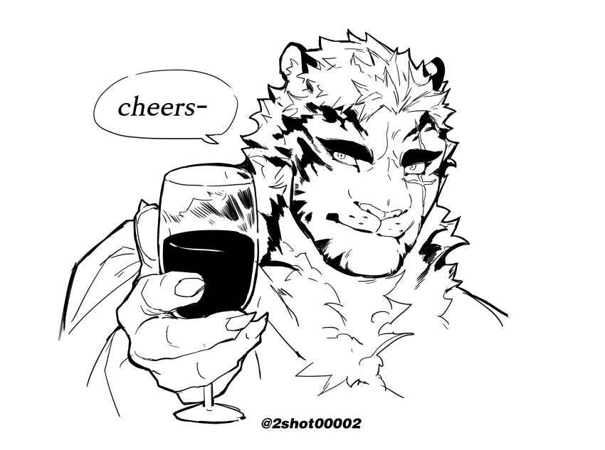 1boy animal_ears arknights arm_up cup drinking_glass english_text fingernails furry furry_male greyscale highres holding holding_cup male_focus monochrome mountain_(arknights) scar scar_across_eye sharp_fingernails short_hair sigppang_(2shot00002) smile solo thick_eyebrows tiger_boy tiger_ears upper_body wine_glass