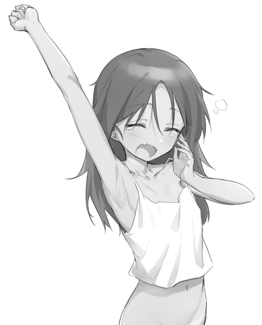 1girl absurdres arm_up armpits bare_shoulders breasts camisole closed_eyes eyebrows_visible_through_hair fang fankupl francesca_lucchini highres long_hair messy_hair monochrome navel open_mouth simple_background sleepy small_breasts solo stretch strike_witches upper_body world_witches_series yawning