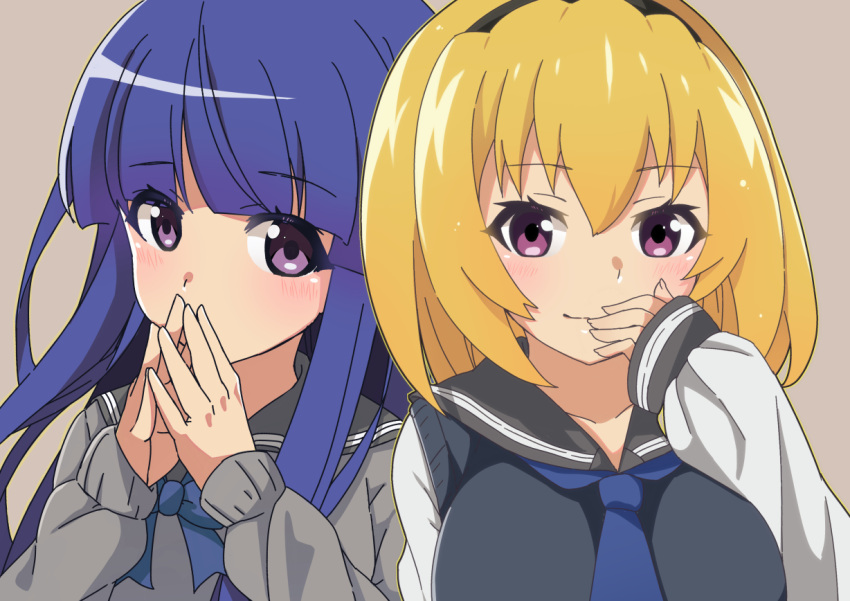 2girls artist_request bangs between_breasts blonde_hair blue_bow blue_hair blue_neckwear blush bow breasts collarbone covering_mouth eyebrows_visible_through_hair furude_rika hair_between_eyes hairband hand_over_own_mouth higurashi_no_naku_koro_ni houjou_satoko long_hair looking_at_viewer multiple_girls necktie necktie_between_breasts sailor_collar school_uniform short_hair simple_background smile violet_eyes