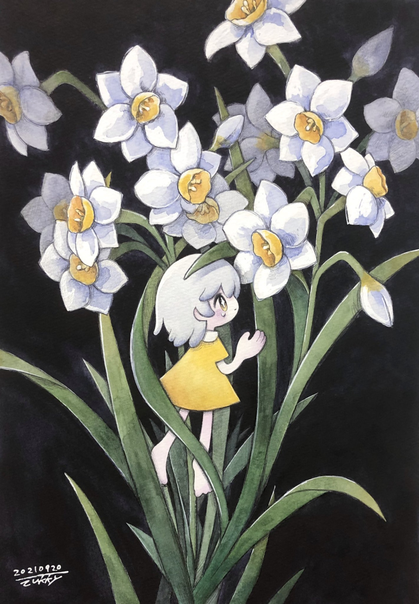 1girl black_background blush dated dress flower highres original plant profile shadow short_hair signature simple_background solo tears white_flower white_hair wide_shot yellow_dress yellow_eyes zukky000