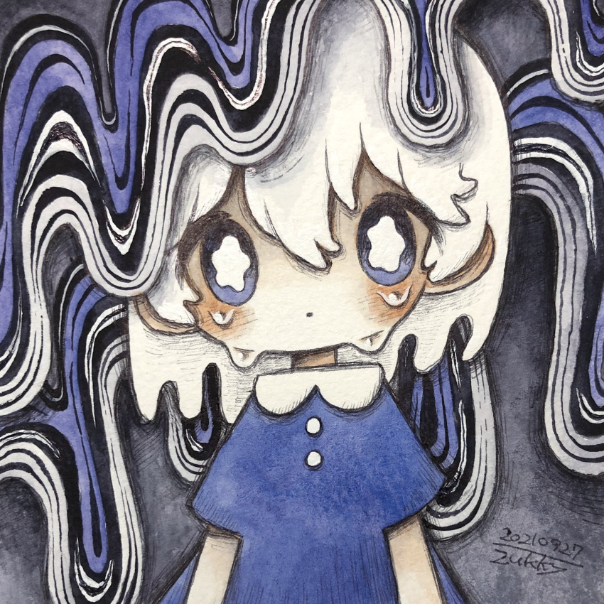 1girl abstract blue_dress blue_eyes blush bright_pupils dated dress highres looking_at_viewer medium_hair original short_sleeves signature solo tears upper_body white_hair white_pupils zukky000