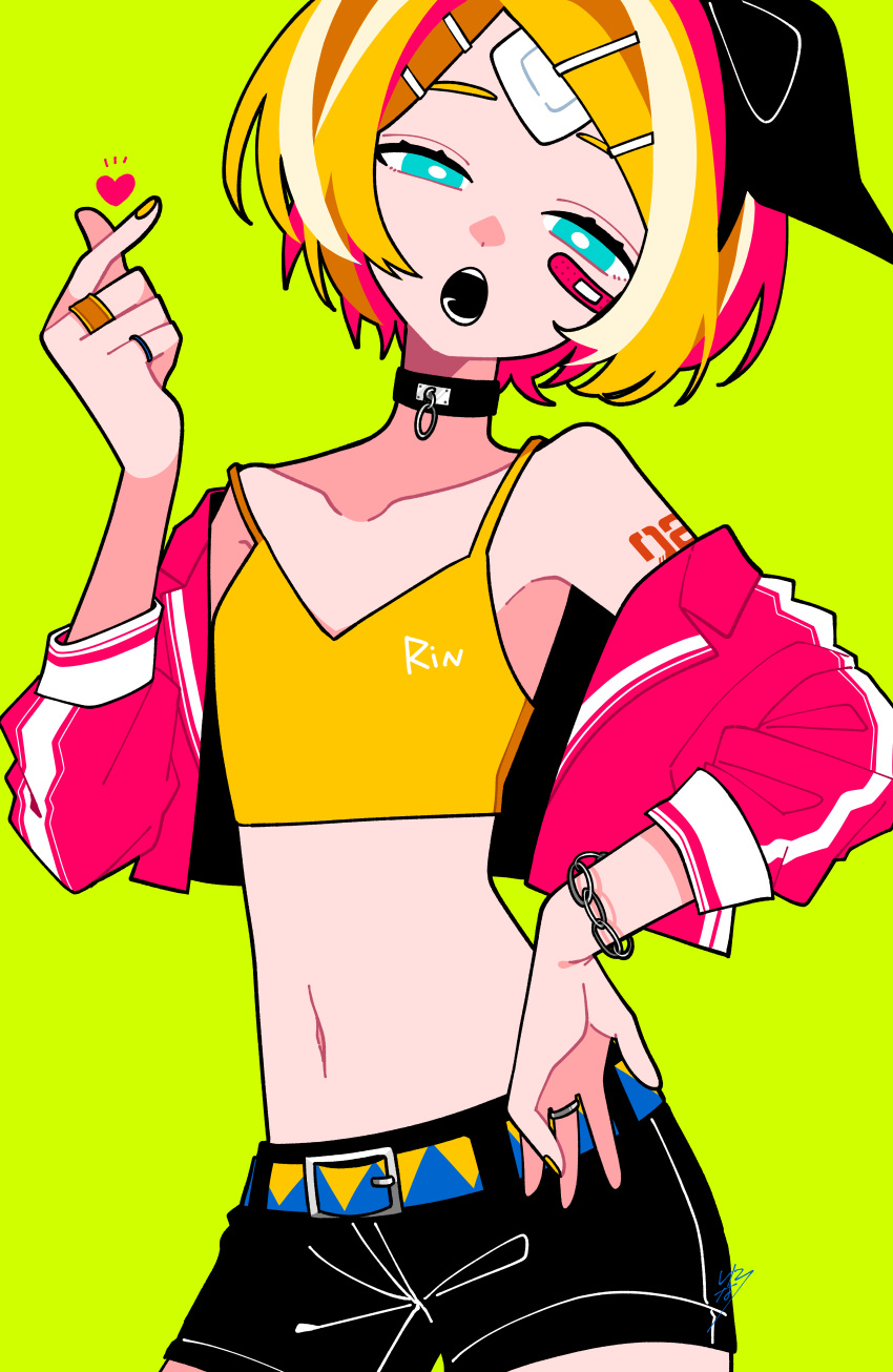 1girl :o absurdres aqua_eyes bandaid bandaid_on_cheek bandaid_on_forehead bare_shoulders belt belt_buckle black_bow black_shorts blonde_hair bow bracelet buckle cel_shading choker collarbone contrapposto crop_top flat_chest green_background hair_ornament hairclip half-closed_eyes hand_on_hip head_tilt heart highres iroha_(hourai_24) jacket jewelry kagamine_rin looking_at_viewer midriff navel number_tattoo open_clothes open_jacket open_mouth red_jacket ring shirt short_hair shorts shoulder_tattoo skinny snapping_fingers solo standing tattoo vocaloid wrist_chain yellow_nails yellow_shirt