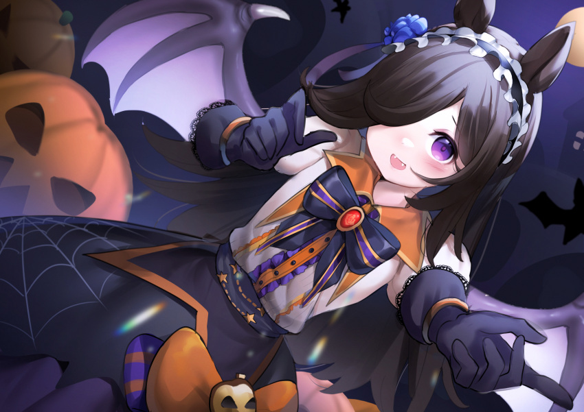 1girl :d absurdres animal_ears bangs black_gloves black_hair black_hairband blue_flower blue_rose blush bow center_frills collared_shirt commentary demon_wings dutch_angle english_commentary eyebrows_visible_through_hair fangs flower frilled_hairband frills gloves hair_over_one_eye hairband highres horse_ears jack-o'-lantern lace-trimmed_gloves lace_trim looking_at_viewer open_mouth orange_bow outstretched_arm pleated_skirt puffy_short_sleeves puffy_sleeves purple_skirt purple_wings rice_shower_(umamusume) rose shirt short_sleeves skirt smile solo somray striped striped_bow umamusume violet_eyes white_shirt wings