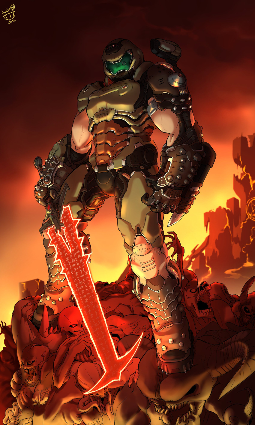 1boy absurdres arm_blade black_gloves cheong_sosae crucible_(doom) doom_(series) doom_eternal doomguy energy_sword gloves head_tilt helmet highres holding holding_sword holding_weapon looking_down male_focus open_mouth power_armor science_fiction shoulder_cannon skull sword visor weapon