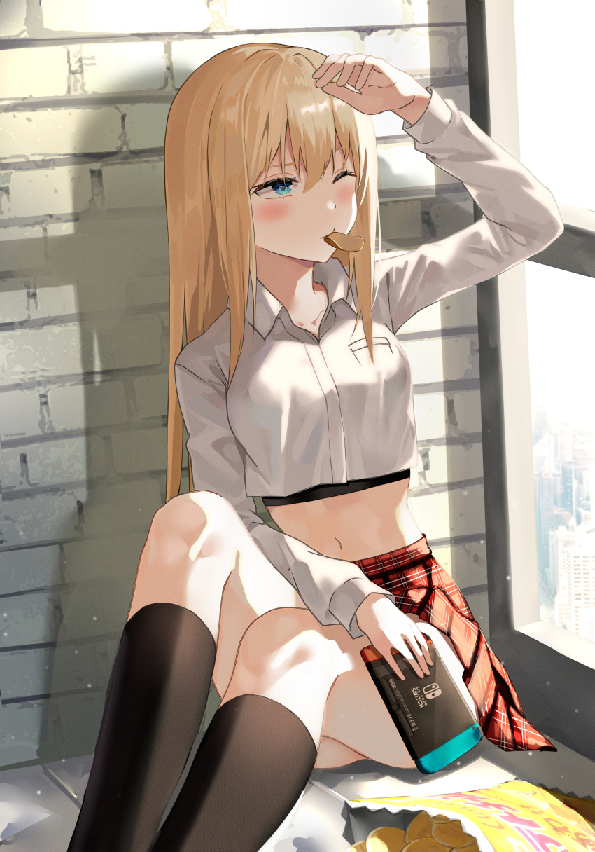1girl absurdres arm_up bangs black_legwear blonde_hair blush breast_pocket brown_skirt chips closed_mouth collarbone collared_shirt crop_top food food_in_mouth hair_between_eyes highres holding knees_up long_hair long_sleeves midriff navel nintendo_switch one_eye_closed original pleated_skirt pocket shirt sidelocks sitting skirt socks solo thighs violet_eyes white_shirt wrist_cuffs yeolyeo