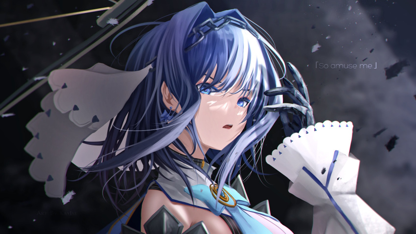 1girl black_gloves blue_bow blue_eyes blue_hair bow bow_earrings breasts chain detached_sleeves earrings english_commentary english_text floating_hair from_side gloves hair_behind_ear hair_intakes highres hololive hololive_english jewelry kayjae large_breasts looking_at_viewer open_mouth ouro_kronii short_hair solo virtual_youtuber