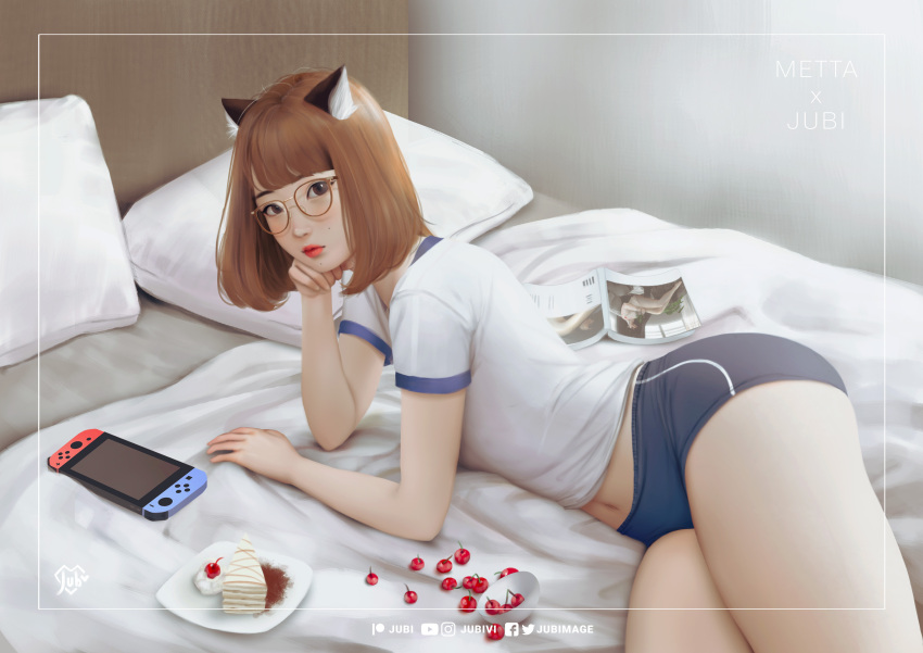 1girl absurdres animal_ears ass brown_hair buruma cake cat_ears cherry food fruit glasses gym_shirt gym_uniform head_rest highres indoors looking_at_viewer lying magazine navel nintendo_switch on_bed original pillow red_lips regiana_(jubi) shirt solo thighs