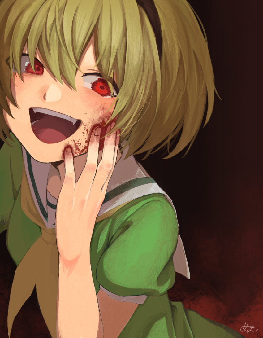 1girl :d absurdres bangs black_hairband blonde_hair blood blood_on_face blood_on_hands bob_cut commentary dress emoriza eyes_visible_through_hair fangs green_dress hairband hand_on_own_cheek hand_on_own_face highres higurashi_no_naku_koro_ni houjou_satoko looking_at_viewer neckerchief open_mouth puffy_short_sleeves puffy_sleeves red_background red_eyes sailor_collar short_hair short_sleeves signature smile solo upper_body upper_teeth white_sailor_collar yellow_neckwear