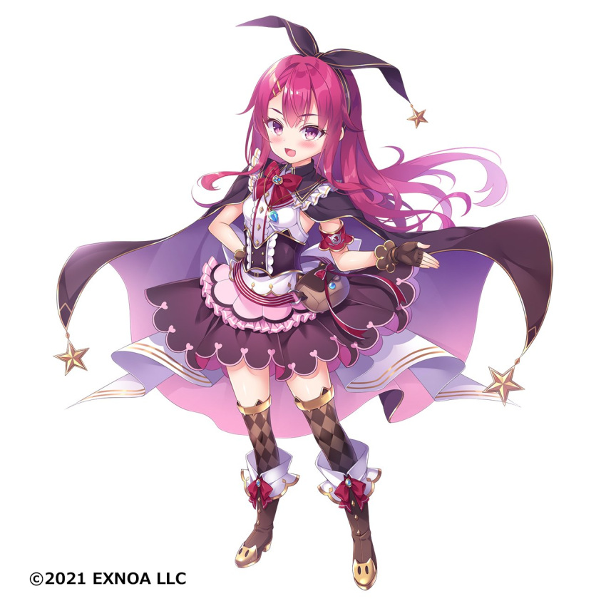 1girl angelic_link belt_bag boots cape fingerless_gloves full_body gloves hair_between_eyes headband highres long_hair official_art open_mouth redhead ribbon simple_background sleeveless solo tougetsu_hajime violet_eyes white_background