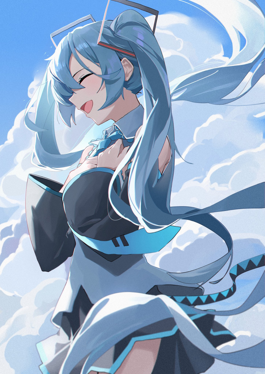 1girl bare_shoulders belt black_belt black_skirt blue_hair blue_neckwear blue_sky blue_theme clenched_hands closed_eyes clouds cloudy_sky collared_shirt cowboy_shot day detached_sleeves eyelashes facing_away floating_hair grey_shirt hair_between_eyes hands_on_own_chest happy hatsune_miku highres laughing light_blush long_hair loose_belt miyu10366 necktie open_mouth outdoors pleated_skirt profile shiny shiny_hair shirt sidelighting skirt sky solo twintails upper_body very_long_hair vocaloid