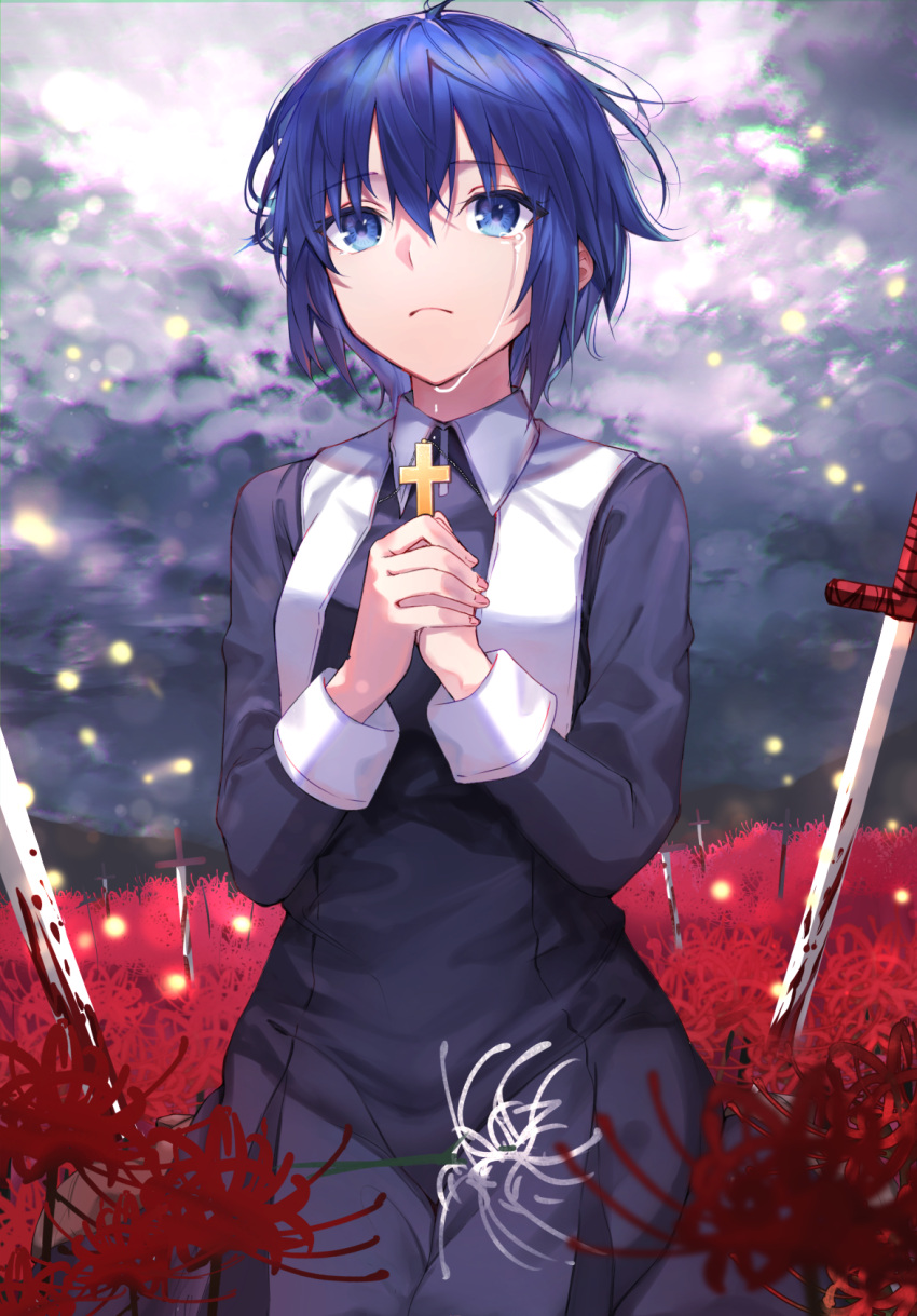 1girl bangs black_dress black_keys_(type-moon) blood blood_on_weapon blue_eyes blue_hair ciel_(tsukihime) closed_mouth clouds cloudy_sky cross cross_necklace crying crying_with_eyes_open dress eyebrows_visible_through_hair field fingernails flower flower_field habit hair_between_eyes hands_together herigaru_(fvgyvr000) highres holding holding_cross jewelry latin_cross light_particles long_dress long_sleeves looking_away looking_up necklace nun planted planted_sword red_flower seiza short_hair sitting sky solo spider_lily sword tearing_up tears tsukihime tsukihime_(remake) weapon white_flower