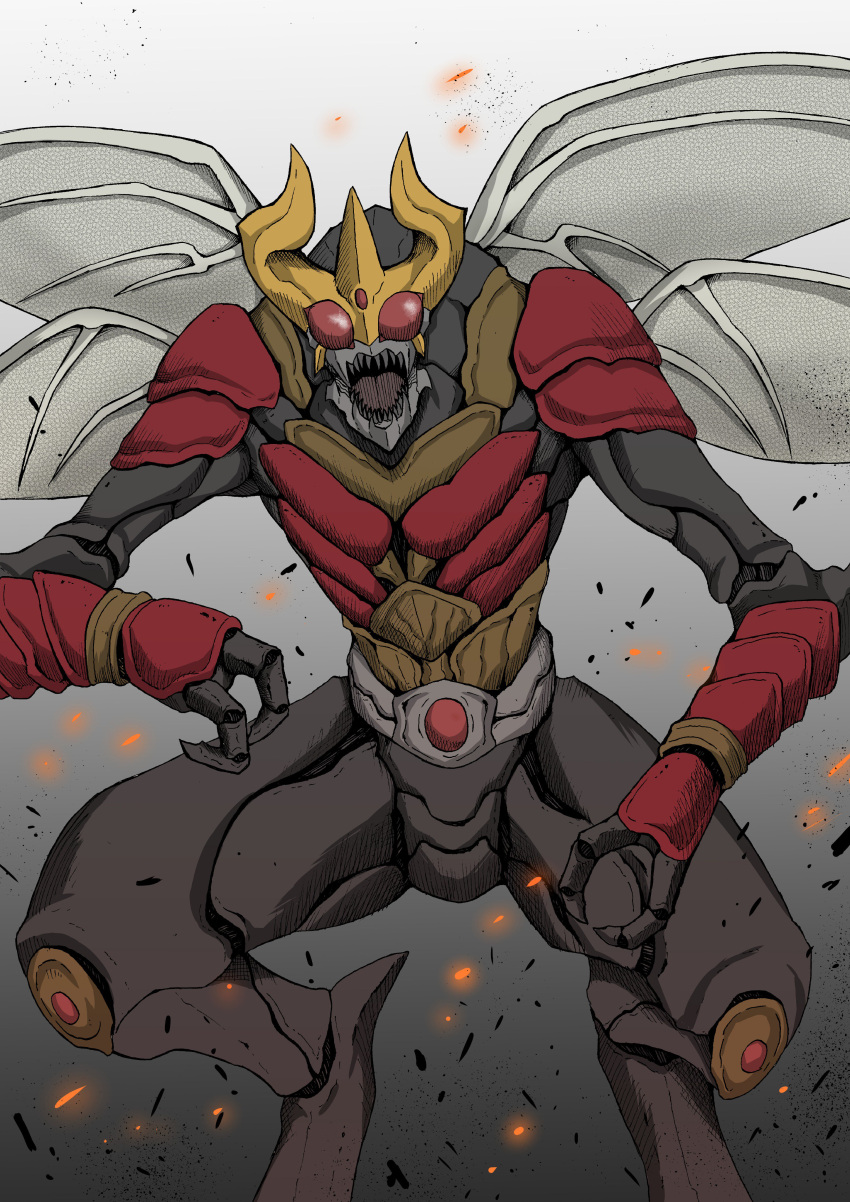 absurdres another_kuuga_(zi-o) another_rider_(zi-o) bug giant giant_monster gold_horns highres horns hunched_over insect_wings kaijuu kamen_rider kamen_rider_zi-o_(series) monster multiple_wings oosaki_takahito open_mouth red_armor red_eyes rider_belt sharp_teeth teeth wings