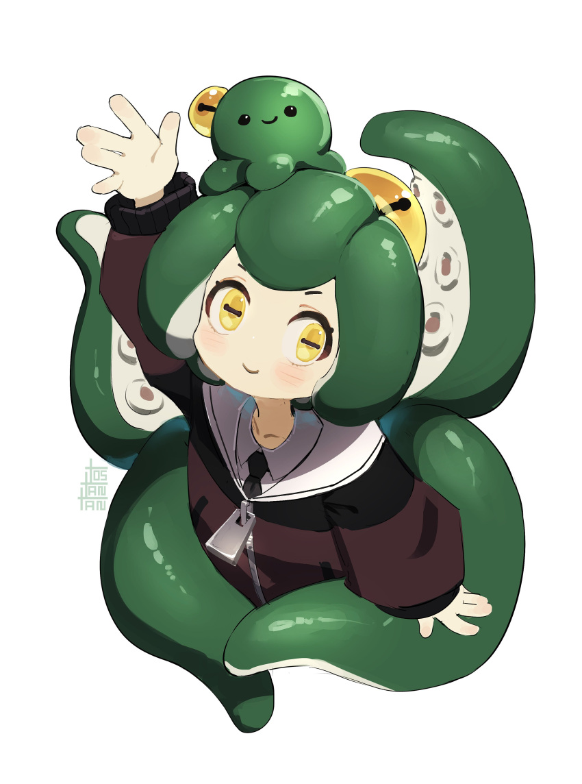 1girl absurdres arm_up artist_name blush borrowed_character cropped_torso green_hair highres horizontal_pupils long_sleeves no_nose original shadow shu_(kumakun) simple_background solo suction_cups tentacle_hair tostantan upper_body white_background yellow_eyes zipper_pull_tab