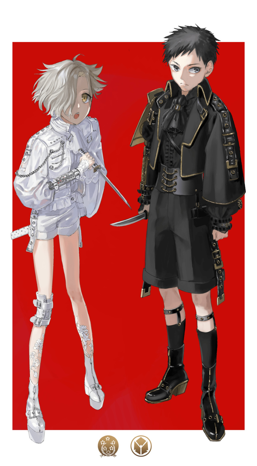 2boys absurdres ascot atsushi_toushirou black_footwear black_hair black_jacket black_legwear black_shirt black_shorts black_vs_white boots border closed_mouth dagger gokotai grey_eyes grey_hair hair_over_one_eye hataya highres holding holding_dagger holding_weapon jacket knee_pads knife long_sleeves looking_at_viewer medium_hair multiple_boys one_eye_covered open_clothes open_jacket open_mouth platform_footwear red_background shirt short_sword shorts simple_background single_knee_pad socks sword tantou touken_ranbu weapon white_border yellow_eyes