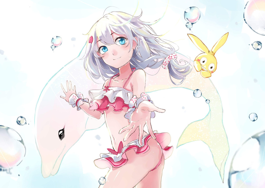 1girl absurdres bangs bikini bubble closed_mouth doll dolphin frilled_bikini frills gorun98 hair_between_eyes hair_ornament hairpin highres homu_(honkai_impact) honkai_(series) honkai_impact_3rd in_water long_hair looking_at_viewer navel ocean pink_bikini side_ponytail smile solo swimsuit theresa_apocalypse underwater
