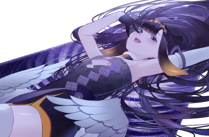 1girl armpits bangs bare_shoulders black_gloves blunt_bangs choker elbow_gloves flat_chest gloves highres hololive hololive_english long_hair low_wings lying ninomae_ina'nis on_back open_mouth purple_hair single_elbow_glove skymax solo tentacle_hair very_long_hair violet_eyes virtual_youtuber white_gloves white_legwear white_wings wings