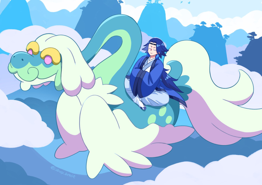1boy blue_hair closed_eyes clouds drampa highres lanxi_zhen laojun_(the_legend_of_luoxiaohei) long_hair long_sleeves pokemon pokemon_(creature) shadow sitting smile solo subway_kumaster the_legend_of_luo_xiaohei very_long_hair wide_shot wide_sleeves