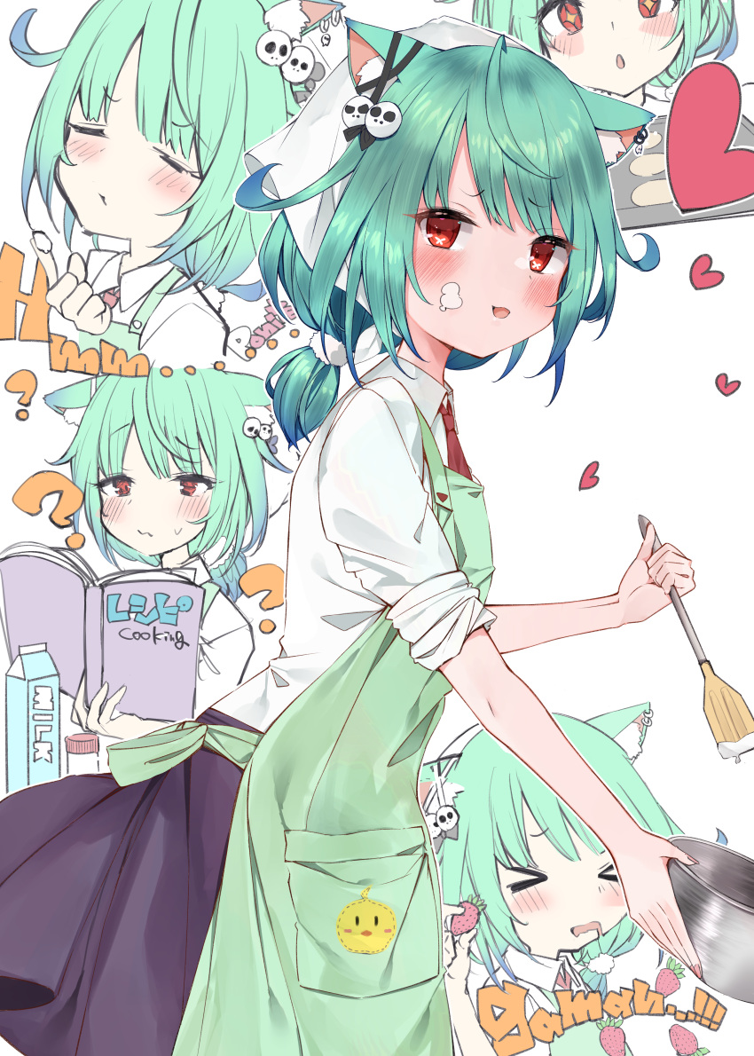 1girl absurdres ahoge animal_ear_fluff animal_ears apron blue_hair blush book cat_ears cooking dress_shirt ear_piercing ear_ribbon eureka_814 eyebrows_visible_through_hair food food_on_face gradient_hair green_hair hair_ornament hair_ribbon heart highres hololive looking_at_viewer low_twintails medium_hair multicolored_hair multiple_views necktie open_mouth piercing pom_pom_(clothes) pom_pom_hair_ornament red_eyes ribbon shirt short_twintails skirt skull_hair_ornament twintails uruha_rushia virtual_youtuber