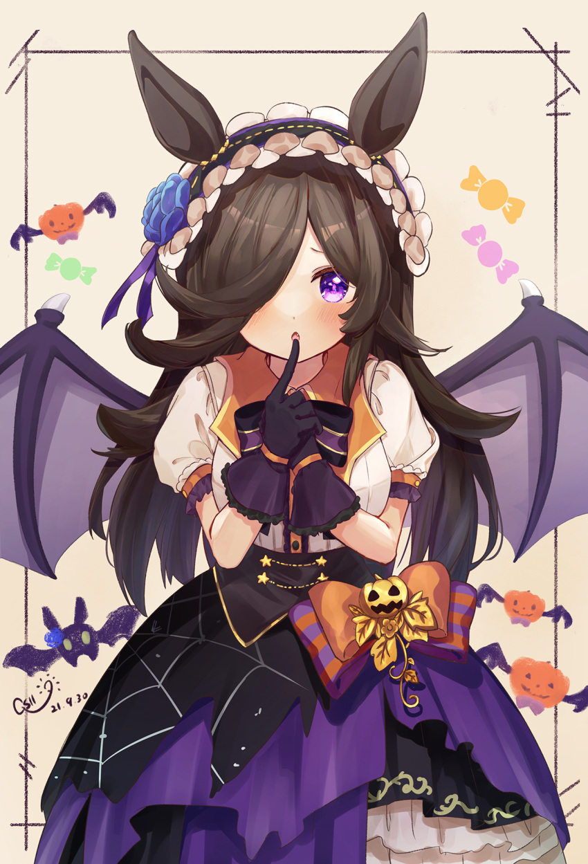 1girl animal_ears bat_wings black_gloves blush brown_hair buttons dated gloves hair_over_one_eye halloween halloween_costume highres horse_ears horse_girl long_hair looking_at_viewer parted_lips puffy_short_sleeves puffy_sleeves qs11 rice_shower_(umamusume) shirt short_sleeves signature solo umamusume upper_body violet_eyes white_shirt wings