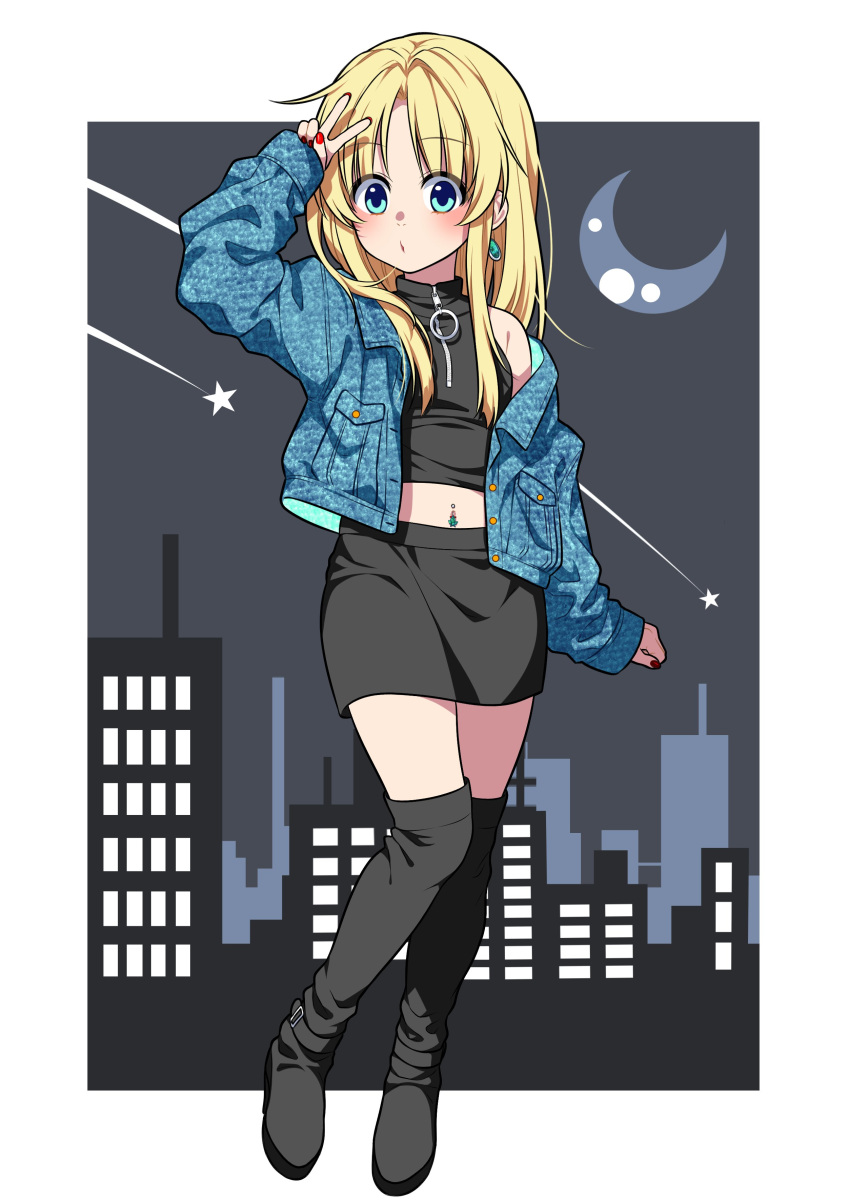 1girl absurdres bangs black_footwear black_shirt black_skirt blonde_hair blue_eyes blue_jacket boots cityscape commentary_request contemporary crescent_moon earrings eyebrows_visible_through_hair falling_star full_body highres jacket jewelry long_hair long_sleeves looking_at_viewer midriff miniskirt moon moriya_suwako nail_polish navel_piercing night nora_wanko off_shoulder open_clothes open_jacket outside_border parted_lips piercing red_nails shirt skirt sleeveless sleeveless_shirt solo standing thigh-highs thigh_boots touhou v zipper