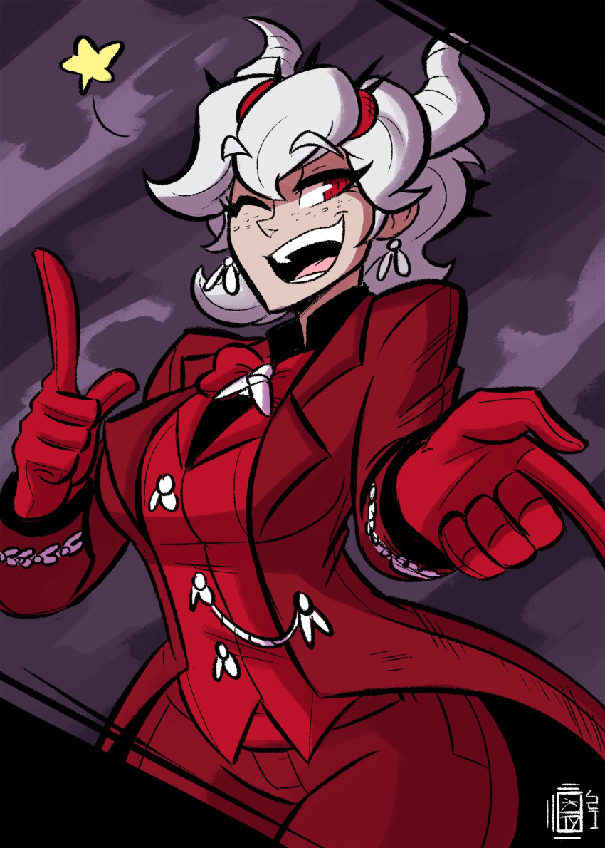 1girl absurdres beelzebub_(helltaker) demon_horns dress_jacket earrings eyebrows_visible_through_hair formal freckles gloves helltaker highres horns jacket jewelry open_mouth pants red_eyes red_gloves red_suit scruffyturtles short_hair solo star_(symbol) suit teeth upper_body white_hair white_horns