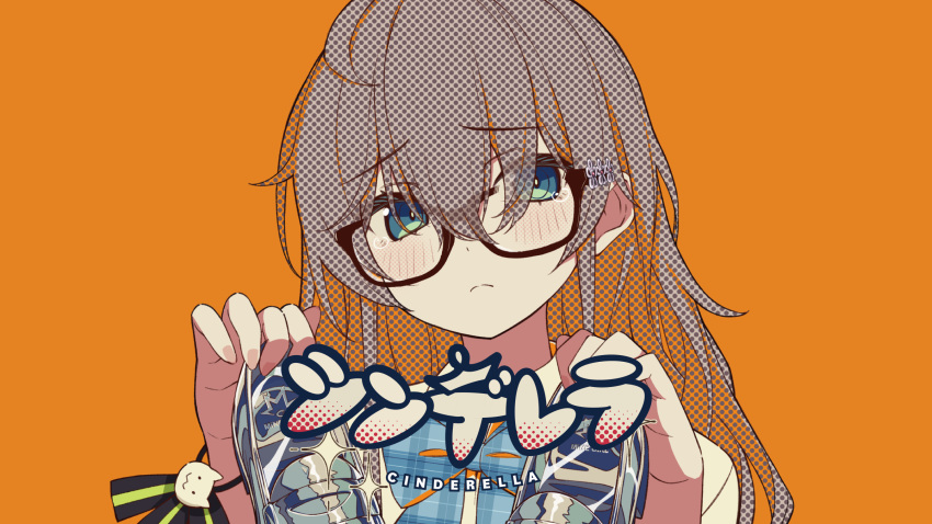 1girl bangs black-framed_eyewear blue_eyes blue_neckwear bow bowtie brown_hair cinderella_(vocaloid) commentary_request eyebrows_visible_through_hair glasses highres holding holding_shoes hololive long_hair looking_at_viewer natsuiro_matsuri official_art orange_background oshiruko_(oshiruco_212048) second-party_source shirt shoes simple_background solo song_name tears virtual_youtuber white_shirt wing_collar