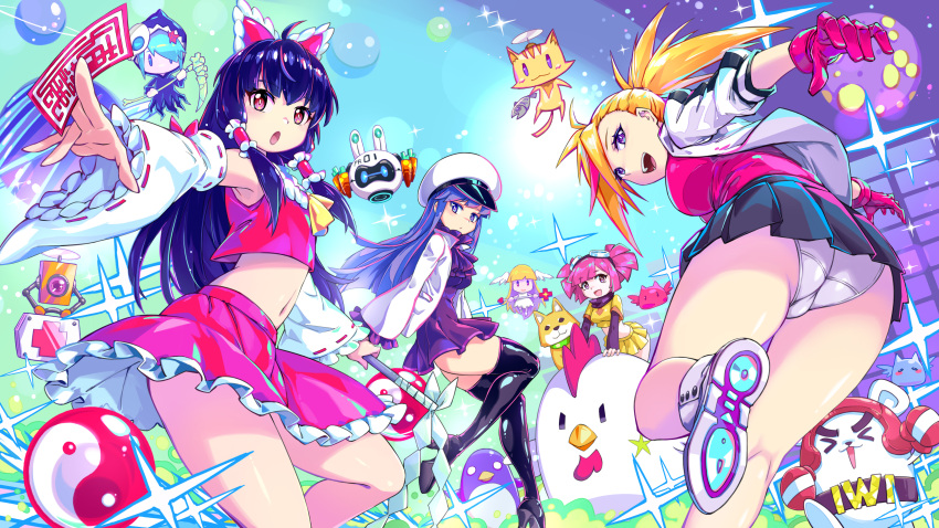 4girls absurdres ascot black_hair blonde_hair blue_hair boots bow breasts burou_(muse_dash) detached_sleeves dog fish.boy frilled_bow frills gloves goggles goggles_on_head hair_bow hair_tubes hakurei_reimu hat high_heel_boots high_heels highres long_hair looking_at_viewer marija_(muse_dash) medium_breasts midriff multicolored_hair multiple_girls muse_dash navel nontraditional_miko ofuda open_mouth panties pantyshot pink_eyes pink_gloves pink_hair pink_shirt pleated_skirt ponytail red_bow red_eyes ribbon-trimmed_sleeves ribbon_trim rin_(muse_dash) shirt short_hair skirt streaked_hair thigh-highs thigh_boots touhou twintails underwear violet_eyes white_panties yin_yang