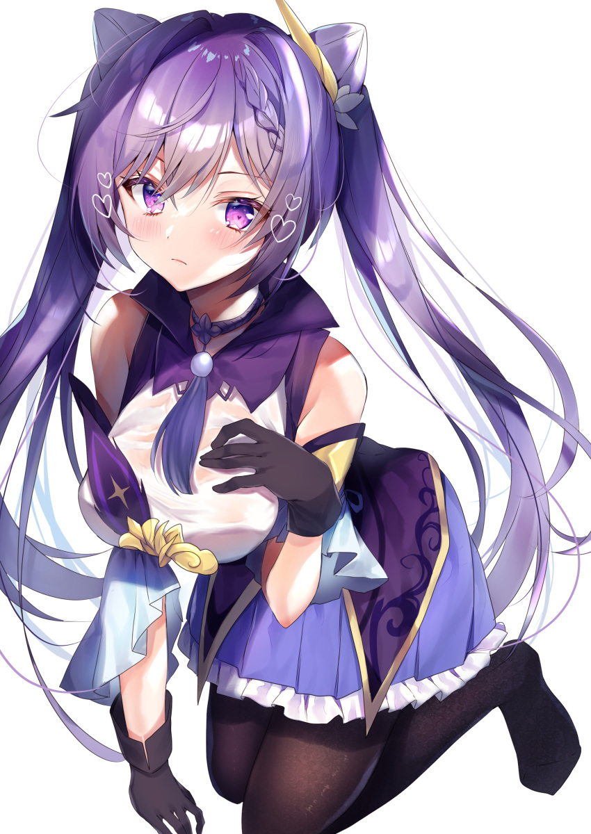 1girl absurdres bangs bare_shoulders black_legwear blush breasts dress genshin_impact gloves hair_cones hair_ornament highres keqing_(genshin_impact) long_hair looking_at_viewer medium_breasts nenobi_(nenorium) pantyhose purple_dress purple_gloves purple_hair swept_bangs twintails violet_eyes