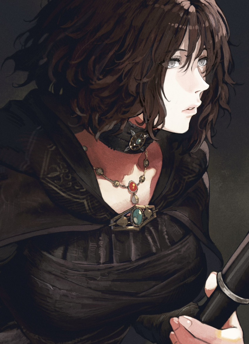 1girl bandages black_dress black_hair breasts choker cloak close-up dark_background demon's_souls dress eyebrows_visible_through_hair grey_eyes highres holding holding_staff hood hooded_cloak jewelry jun_(seojh1029) long_sleeves maiden_in_black necklace short_hair solo staff symbol-only_commentary