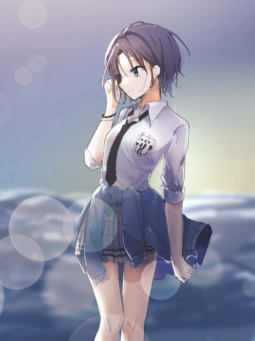 1girl asakura_tooru bangs bare_legs blue_hair blurry blurry_background bokeh clothes_around_waist depth_of_field earrings feet_out_of_frame gradient_hair hair_tucking highres idolmaster idolmaster_shiny_colors jacket jacket_around_waist jewelry light_smile looking_afar multicolored_hair necktie nnnn open_collar parted_bangs plaid plaid_skirt pleated_skirt purple_hair school_uniform shirt short_hair skirt sleeves_rolled_up solo white_shirt