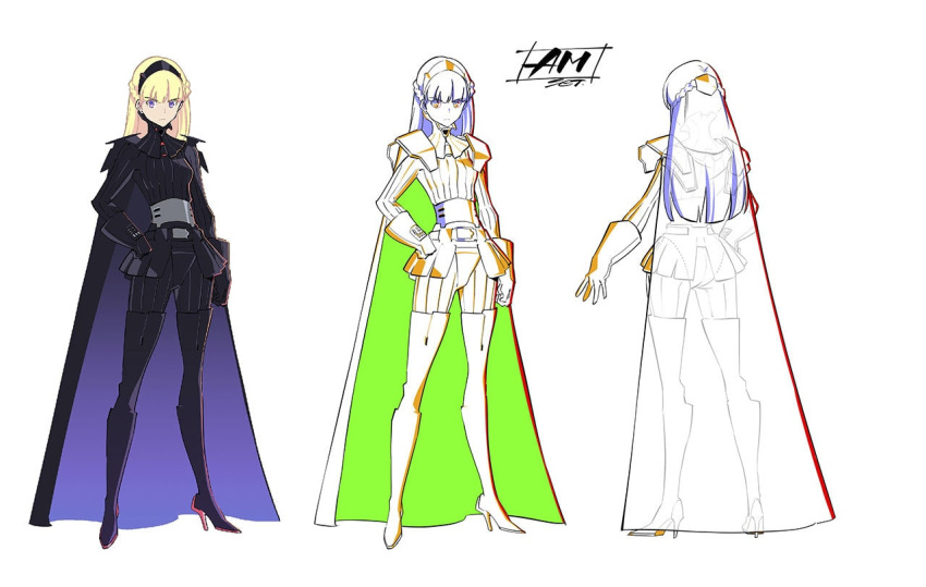 1girl am_(star_wars) armor bangs black_cape black_gloves black_hairband black_skirt blonde_hair breasts cape character_name character_sheet concept_art galactic_empire gloves hairband hand_on_hip koyama_shigeto long_hair medium_breasts multiple_tails official_art open_hand production_art skirt star_wars star_wars:_visions tail trigger_(company) v-shaped_eyebrows violet_eyes white_background