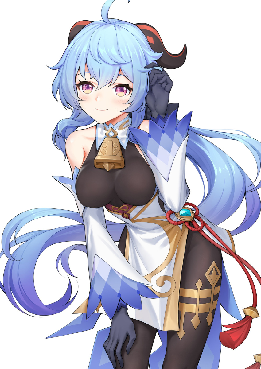 absurdres ahoge bangs bare_shoulders bell bent_over black_gloves black_legwear blue_hair blush breasts chinese_knot cowboy_shot cube_981 curled_horns detached_sleeves ganyu_(genshin_impact) genshin_impact gloves gold_trim hair_tucking hand_in_hair hand_on_own_knee highres horns leaning leaning_forward long_hair looking_at_viewer medium_breasts multicolored multicolored_eyes neck_bell sidelocks smile solo tassel thighlet very_long_hair vision_(genshin_impact) white_background white_sleeves