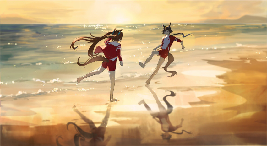 2girls :d animal_ears beach brown_hair character_request facing_viewer from_behind hataya highres horizon horse_ears horse_tail jacket long_hair multiple_girls ocean open_mouth ponytail red_jacket red_shirt red_shorts reflection sand shirt shorts smile tail twintails umamusume very_long_hair