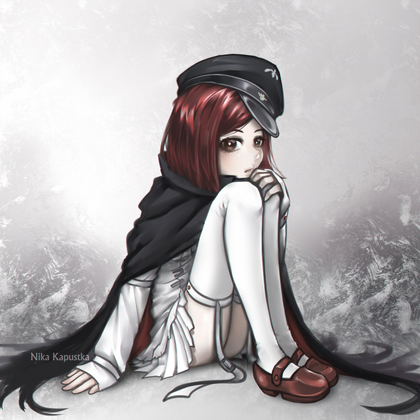 1girl artist_name bangs black_cape black_headwear cape commentary cosplay danganronpa_(series) from_side garter_straps gradient gradient_background grey_background grey_jacket hat highres jacket long_sleeves looking_at_viewer nika_kapustka ouma_kokichi ouma_kokichi_(cosplay) red_footwear redhead shoes short_hair sitting skirt sleeves_past_wrists solo striped thigh-highs watermark white_legwear white_skirt yumeno_himiko