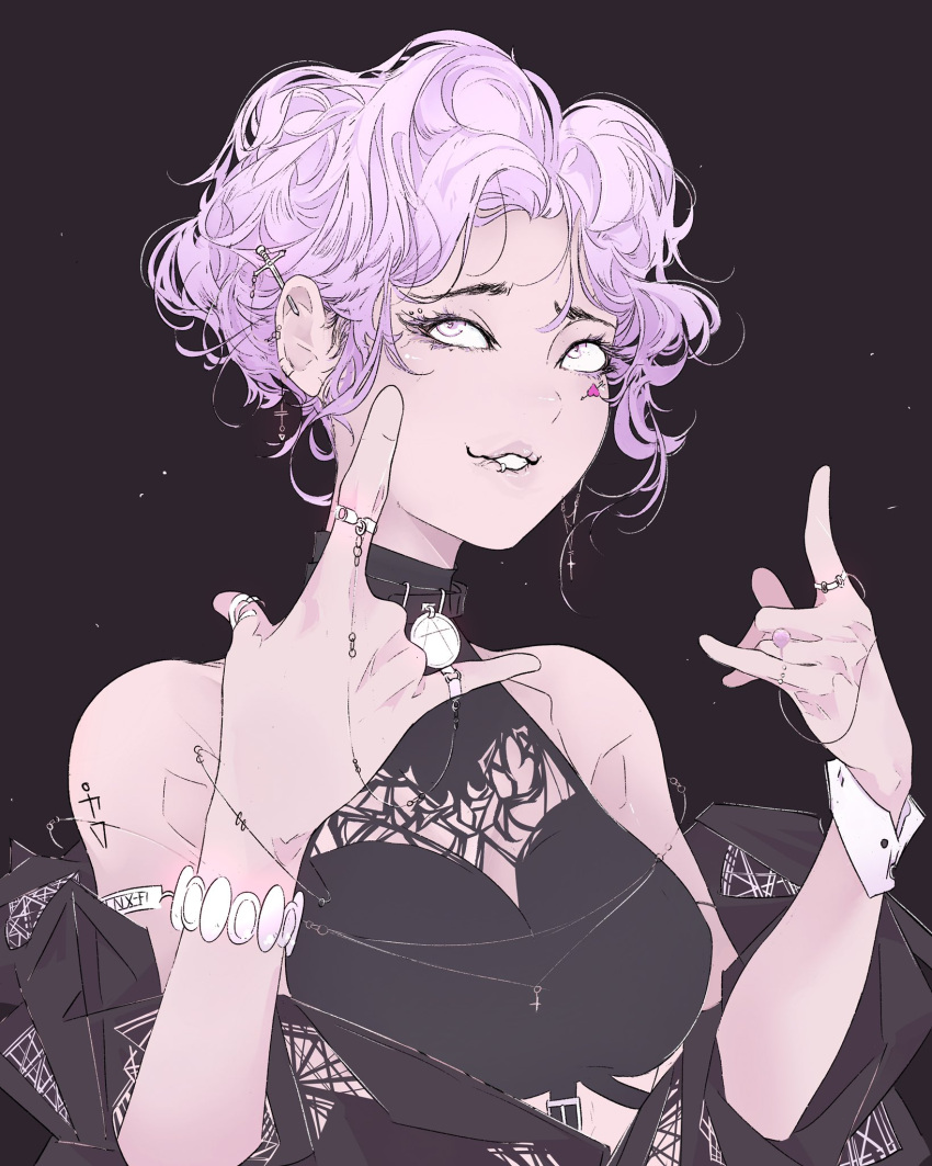 1girl bare_shoulders black_background ear_piercing elliemaplefox hands_up highres jewelry light_purple_hair original parted_lips piercing ring short_hair simple_background smile solo white_eyes