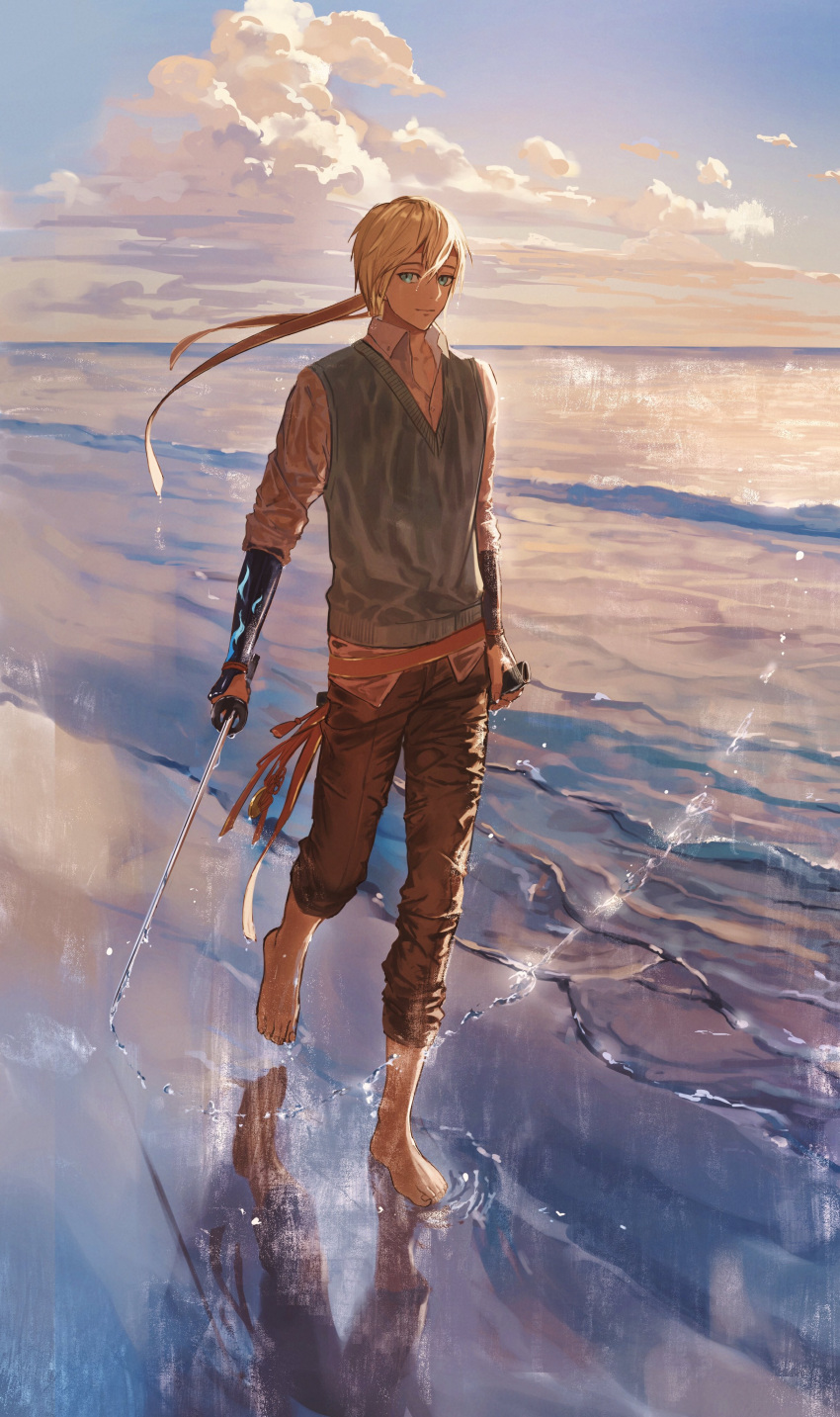 1boy absurdres barefoot blonde_hair blue_eyes blue_sky brown_pants closed_mouth clouds collared_shirt copyright_request day full_body grey_vest hair_between_eyes hataya headband highres holding holding_sword holding_weapon horizon long_sleeves looking_at_viewer male_focus ocean outdoors pants shirt sky smile solo sword vest walking water_drop weapon wing_collar