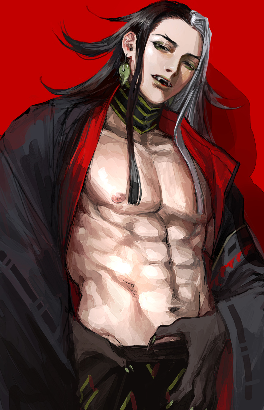 1boy abs absurdres alternate_hairstyle ashiya_douman_(fate) asymmetrical_hair bare_pectorals bell black_eyes black_hair black_kimono black_skin colored_skin curly_hair earrings eyeshadow fangs fate/grand_order fate_(series) fingernails green_eyeshadow green_lips hair_bell hair_ornament head_tilt highres japanese_clothes jewelry kimono long_hair looking_at_viewer magatama magatama_earrings makeup male_focus multicolored_hair muscular muscular_male navel nipples noka_(noka8103) open_clothes open_kimono pectorals sharp_fingernails solo two-tone_hair very_long_fingernails very_long_hair white_hair