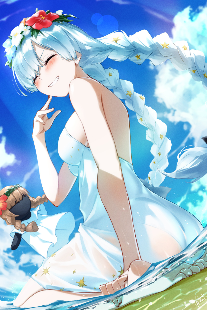 1girl absurdres anastasia_(fate) anastasia_(swimsuit_archer)_(fate) bangs bare_shoulders barefoot beach blue_sky blush braid breasts closed_eyes doll dress dress_swimsuit fate/grand_order fate_(series) feet flower_wreath grin hair_over_one_eye head_wreath highres large_breasts long_hair omagacchu shore silver_hair sitting sky smile thighs twin_braids very_long_hair viy_(fate) wariza white_dress