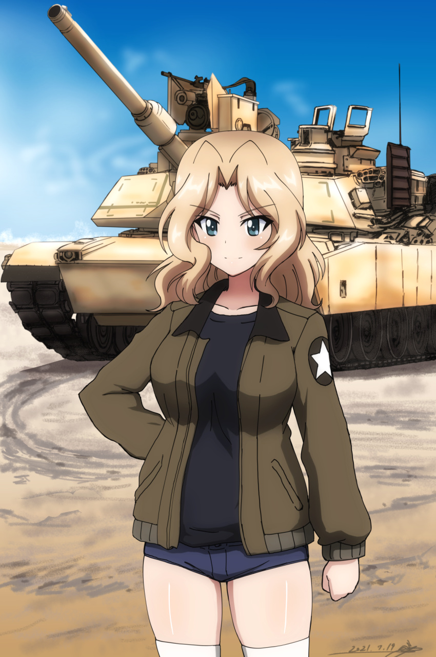 1girl arm_at_side artist_name black_shirt blonde_hair blue_eyes blue_shorts blue_sky brown_jacket bukkuri clenched_hand closed_mouth clouds commission dated denim denim_shorts emblem girls_und_panzer ground_vehicle gun hair_intakes hand_on_hip highres jacket kay_(girls_und_panzer) long_hair long_sleeves looking_at_viewer m1_abrams machine_gun military military_uniform military_vehicle motor_vehicle open_clothes open_jacket sand saunders_military_uniform shirt short_shorts shorts signature skeb_commission sky smile solo standing star_(symbol) tank thigh-highs thighs uniform weapon white_legwear zettai_ryouiki