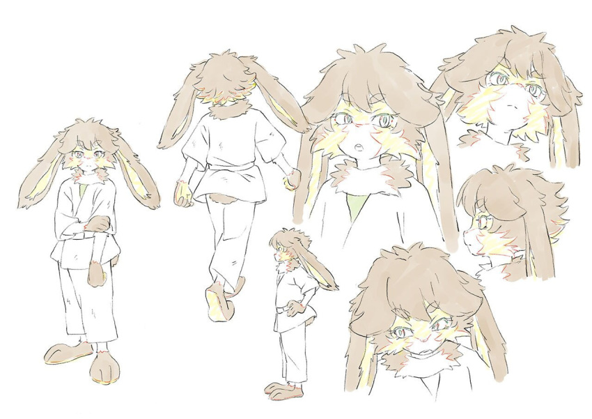 1girl alien animal_ears bangs brown_hair character_sheet concept_art fur fur_scarf furry furry_female hands_on_hips igarashi_yuuki looking_at_viewer looking_to_the_side looking_up lop_(star_wars) multiple_views official_art production_art profile rabbit_ears rabbit_girl robe short_hair star_wars star_wars:_visions white_background
