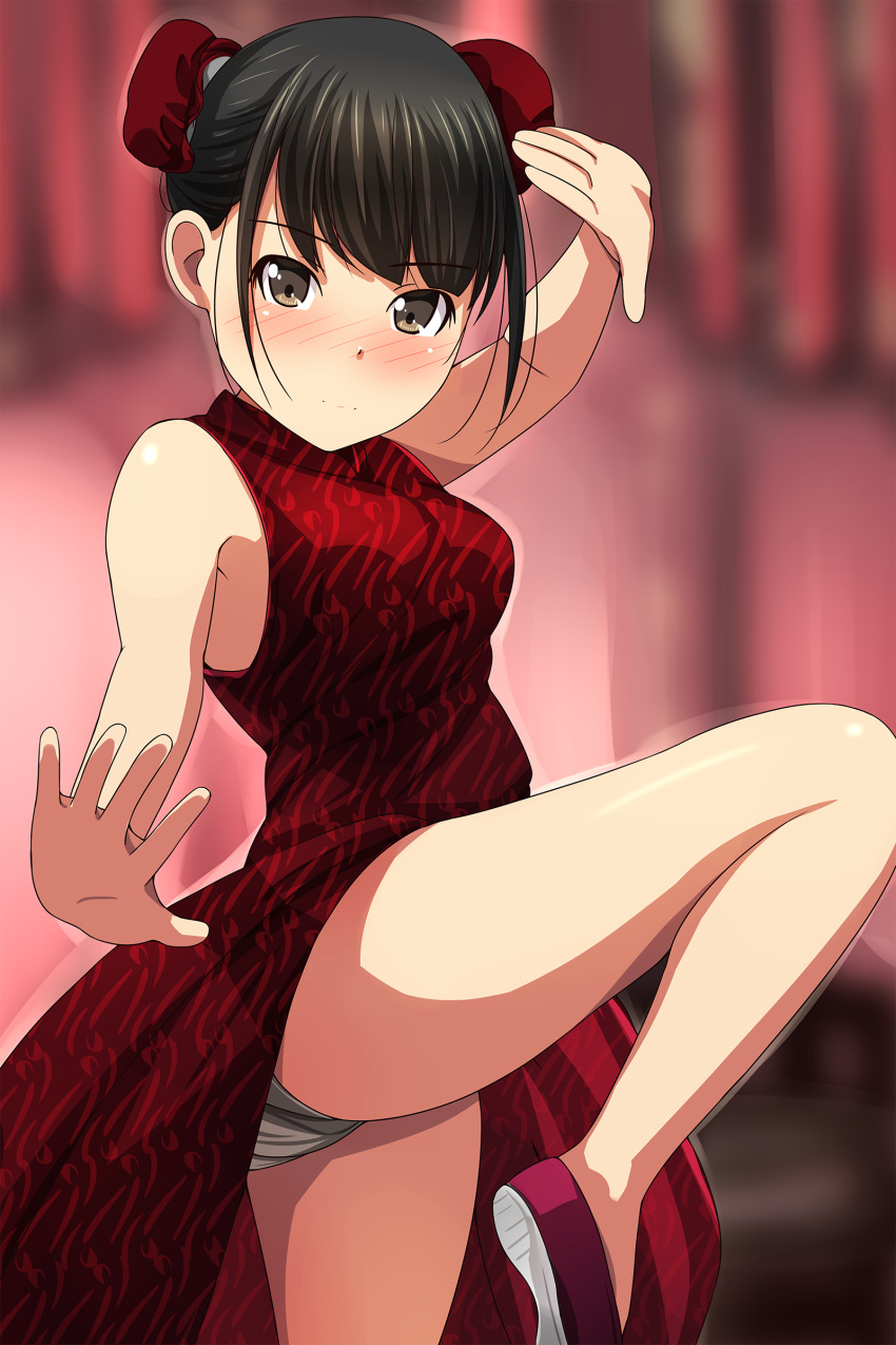 1girl absurdres arm_up ass bangs bare_arms bare_shoulders black_hair blurry blurry_background blush breasts brown_eyes bun_cover china_dress chinese_clothes closed_mouth depth_of_field double_bun dress eyebrows_visible_through_hair grey_panties highres looking_at_viewer matsunaga_kouyou medium_breasts nose_blush original panties red_dress red_footwear shoe_soles shoes sidelocks sleeveless sleeveless_dress solo standing standing_on_one_leg underwear