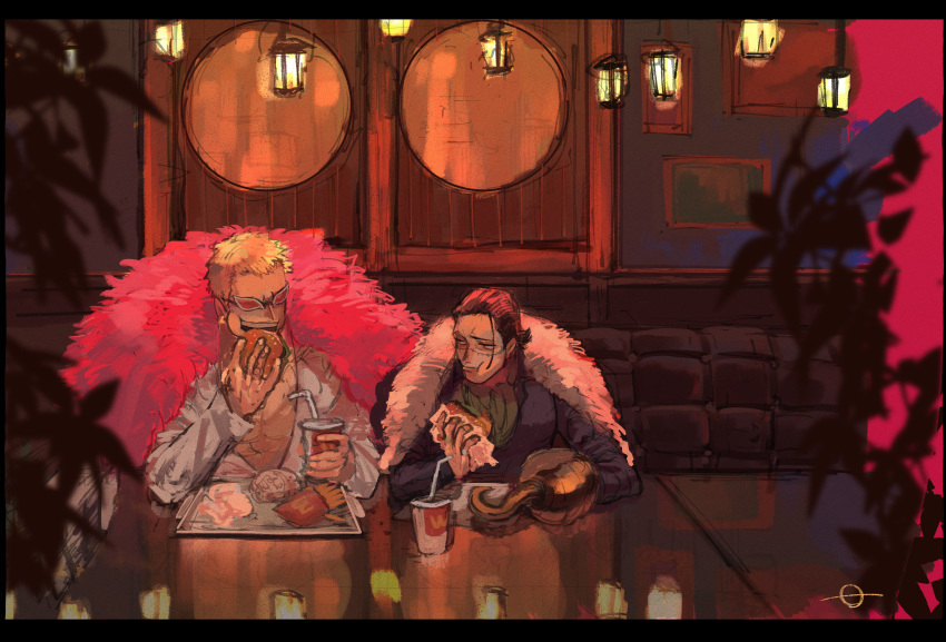 2boys absurdres ascot black_hair blonde_hair burger cola couch donquixote_doflamingo eating fast_food food french_fries fur-trimmed_jacket fur_coat fur_trim hair_slicked_back highres hook jacket lamp long_sleeves mcdonald's multiple_boys one_piece picture_frame plant restaurant short_hair sir_crocodile sunglasses tray user_rnmw4444